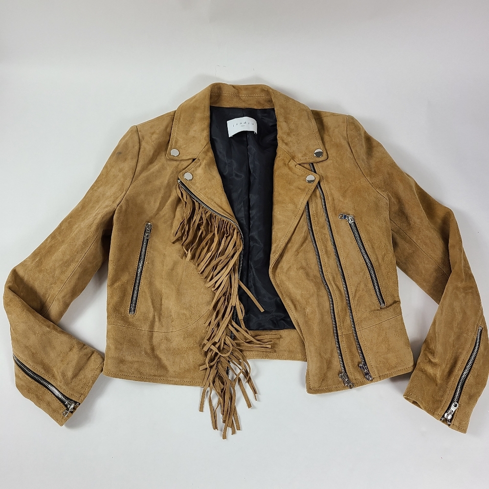 SANDRO Tan Fringe Suede Moto Jacket - XS